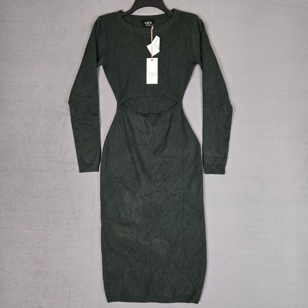 VICI Exclusive X FATE Cut-Out Maxi Dress Womens XS Green Bodycon Long Sleeve NWT